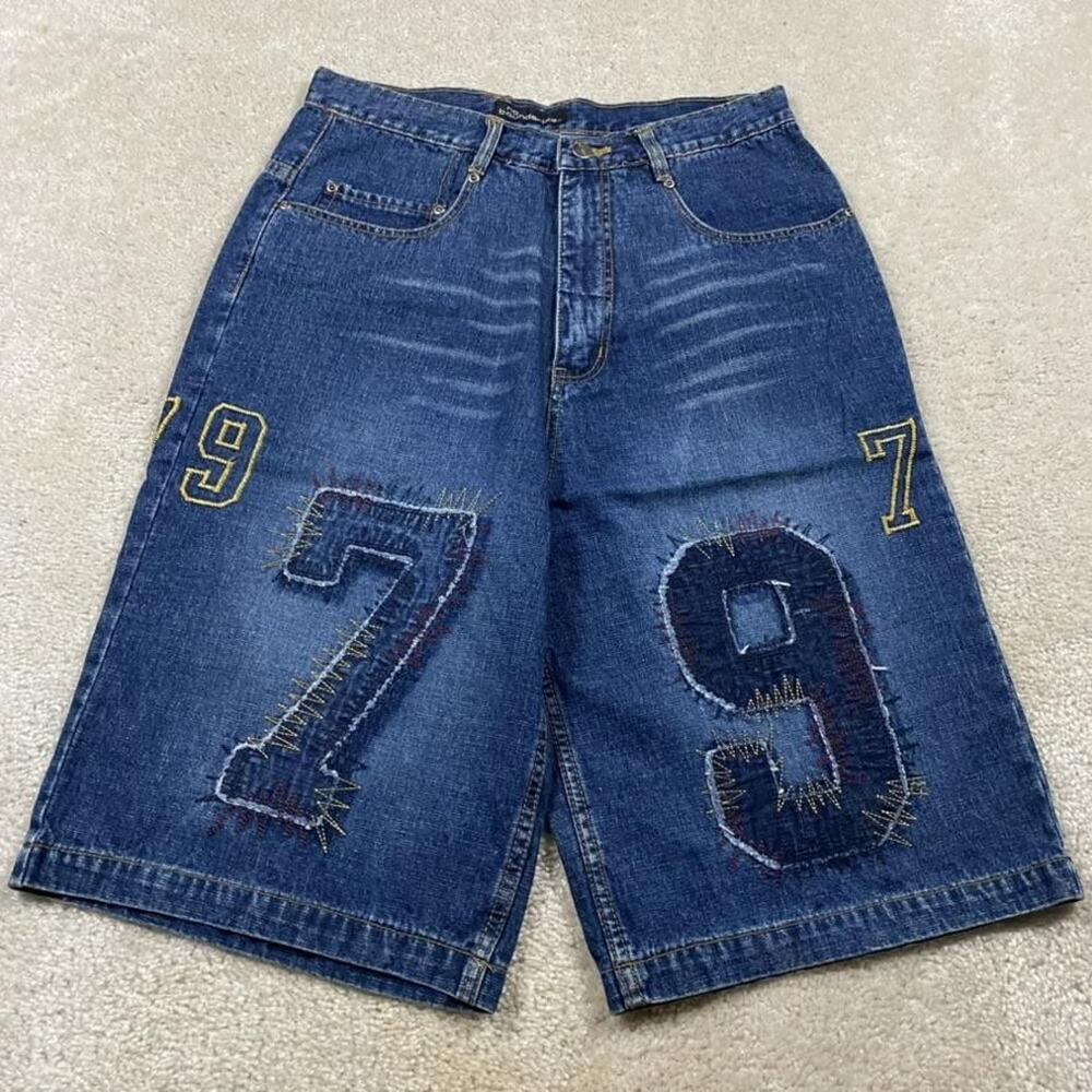 VTG Y2K No Boundaries Denim Shorts Mens 32 Blue Patch Embroidered Baggy Jorts